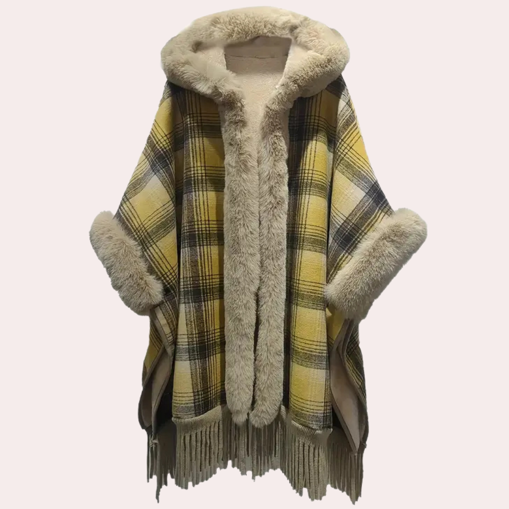 Drune | Poncho-Jacke - Luxus-Damenumhang mit Kapuze und Fake-Fur-Besatz
