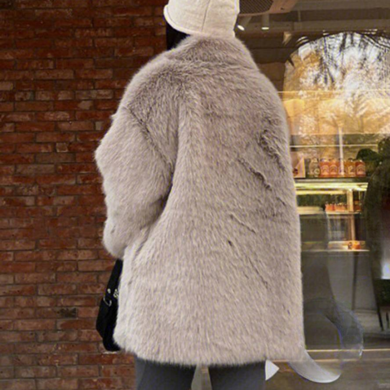 Drune | Mantel - Kunstpelz - Eingekerbter Reverskragen - Gürteltasche - Mittlere Oberschenkel-Länge