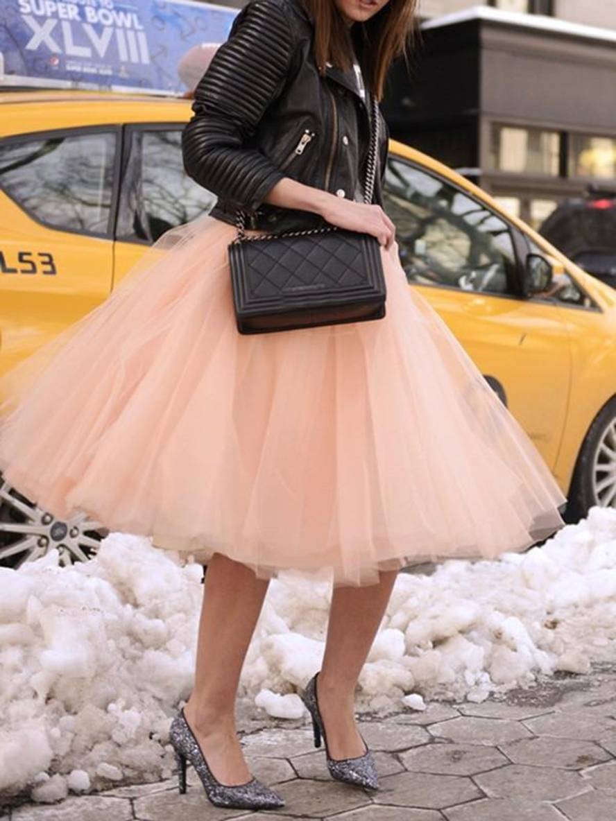Drune | Midi-Länge Faltenrock Elastischer Tutu aus Tüll Elegant Rosa
