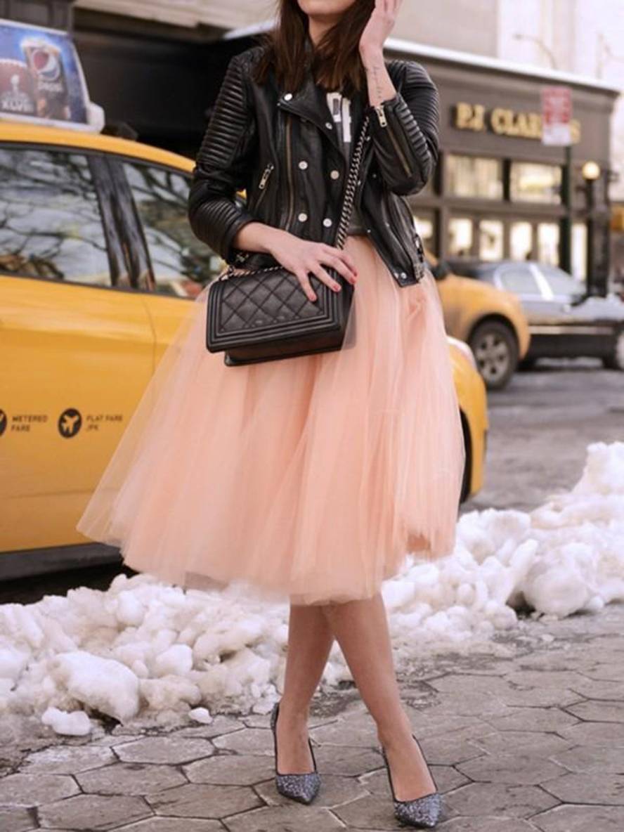 Drune | Midi-Länge Faltenrock Elastischer Tutu aus Tüll Elegant Rosa
