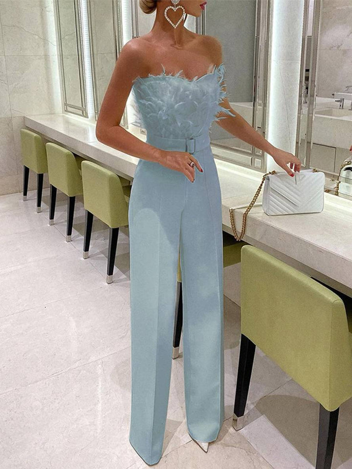 Drune | Kombination Tube mit Gerader Beinform Bustier mit Federn Elegante Frau Weiß