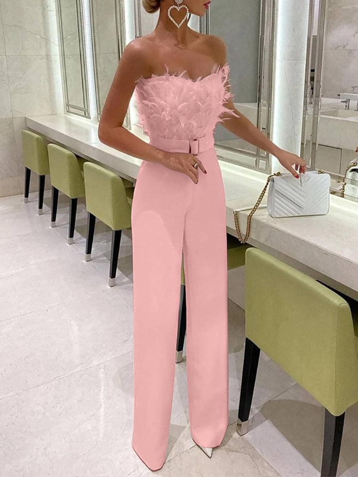 Drune | Kombination Tube mit Gerader Beinform Bustier mit Federn Elegante Frau Weiß