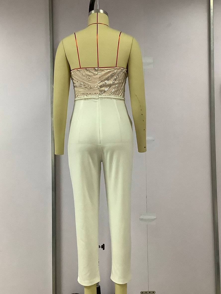 Drune | Slim Fit Jumpsuits Bestickte Taschen Glänzendes Pailletten-Bustier Rückenfrei Frauen Audrey Hepburn