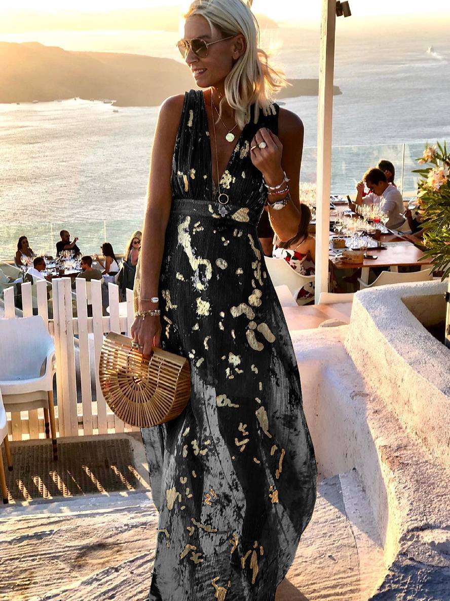 Drune | Langes Kleid Bronzage Glänzend Pailletten V-Ausschnitt Ohne Ärmel Elegante Damen Abendkleid Strand