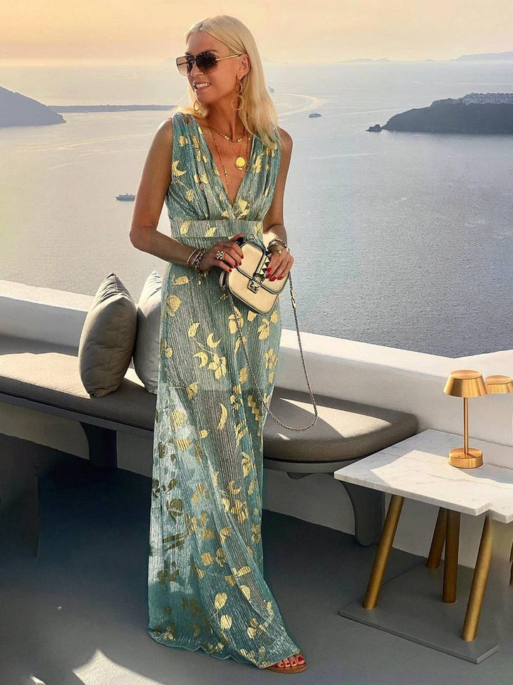 Drune | Langes Kleid Bronzage Glänzend Pailletten V-Ausschnitt Ohne Ärmel Elegante Damen Abendkleid Strand