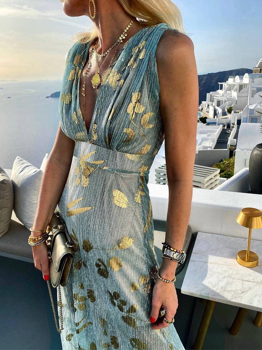 Drune | Langes Kleid Bronzage Glänzend Pailletten V-Ausschnitt Ohne Ärmel Elegante Damen Abendkleid Strand