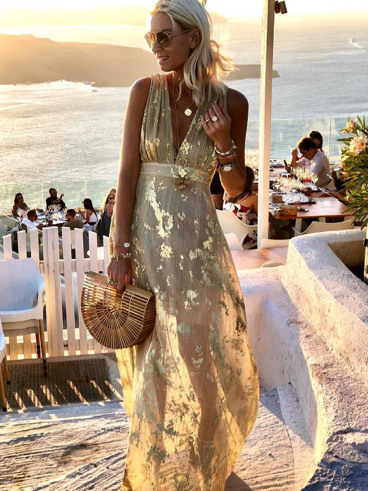 Drune | Langes Kleid Bronzage Glänzend Pailletten V-Ausschnitt Ohne Ärmel Elegante Damen Abendkleid Strand
