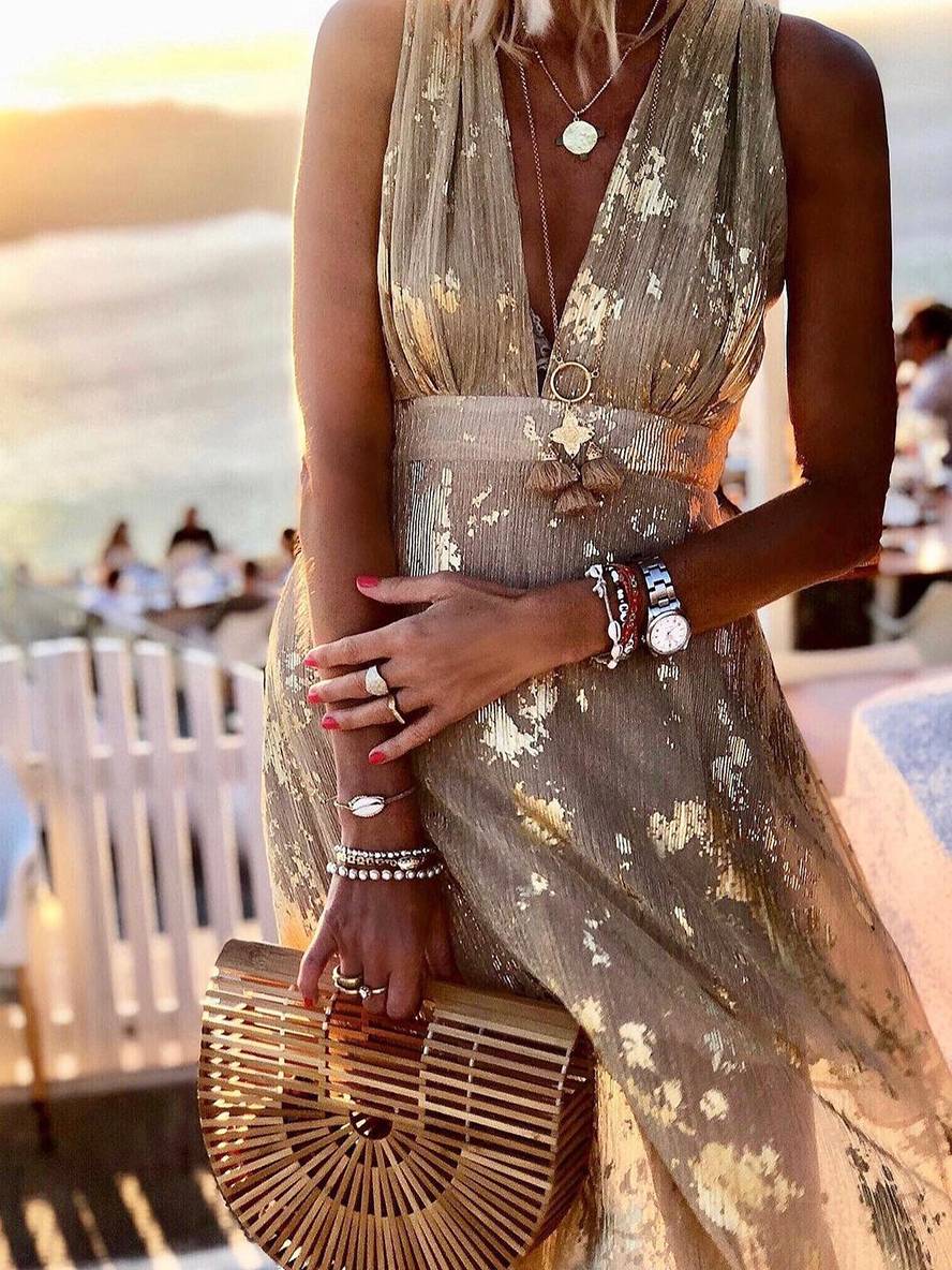 Drune | Langes Kleid Bronzage Glänzend Pailletten V-Ausschnitt Ohne Ärmel Elegante Damen Abendkleid Strand