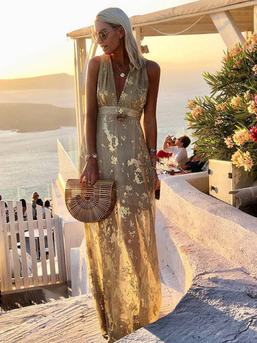 Drune | Langes Kleid Bronzage Glänzend Pailletten V-Ausschnitt Ohne Ärmel Elegante Damen Abendkleid Strand