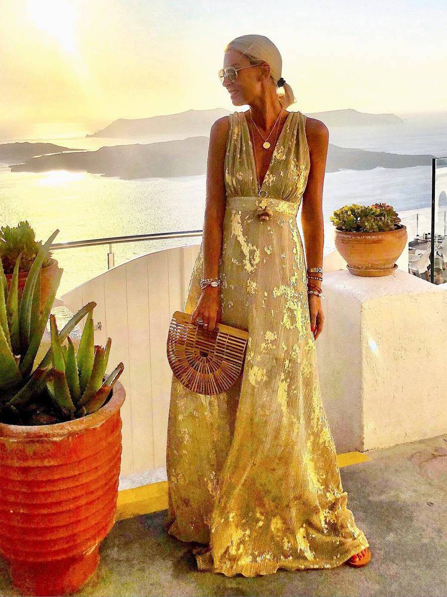 Drune | Langes Kleid Bronzage Glänzend Pailletten V-Ausschnitt Ohne Ärmel Elegante Damen Abendkleid Strand