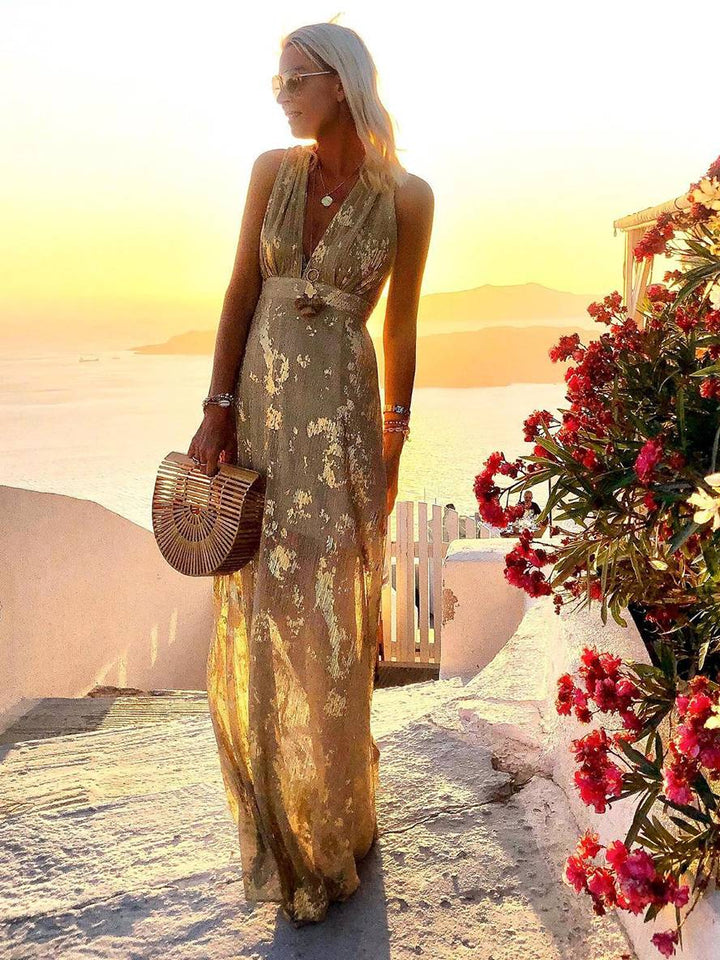 Drune | Langes Kleid Bronzage Glänzend Pailletten V-Ausschnitt Ohne Ärmel Elegante Damen Abendkleid Strand