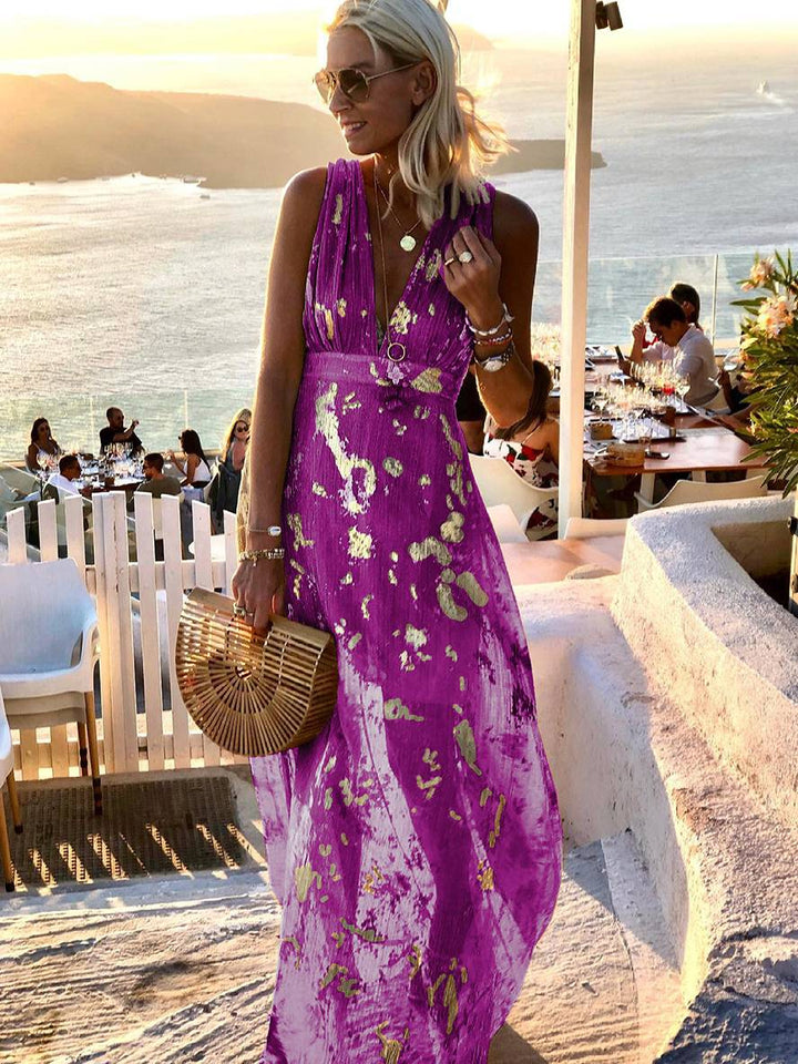 Drune | Langes Kleid Bronzage Glänzend Pailletten V-Ausschnitt Ohne Ärmel Elegante Damen Abendkleid Strand