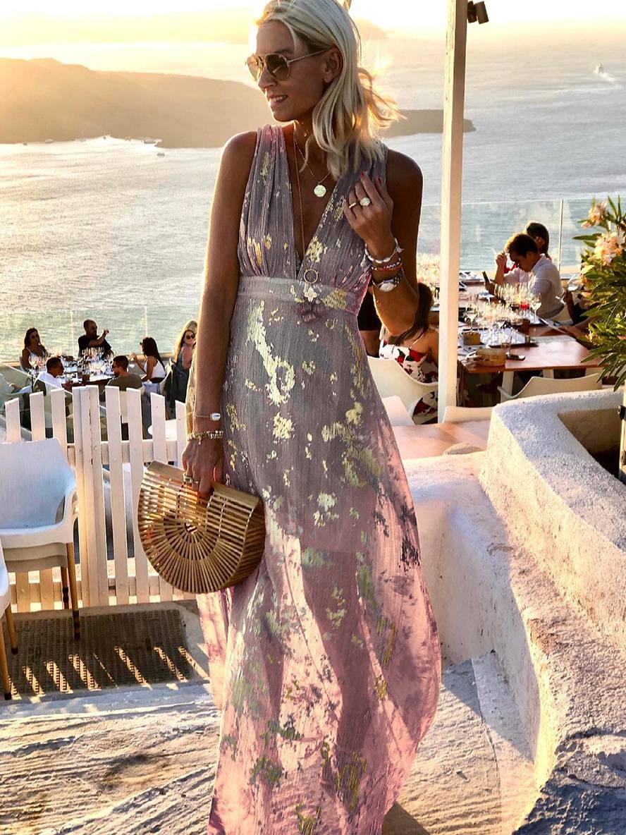 Drune | Langes Kleid Bronzage Glänzend Pailletten V-Ausschnitt Ohne Ärmel Elegante Damen Abendkleid Strand