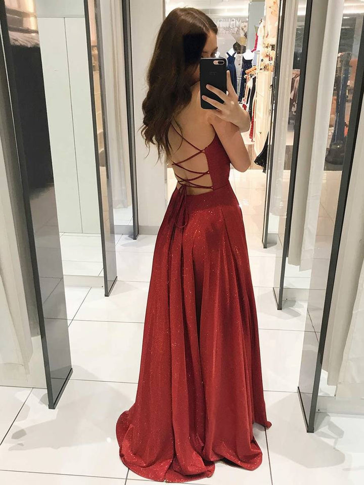 Drune | Lange Robe Glänzend Pailletten Tiefer Ausschnitt Fließend Rückenfrei mit Dünnen Trägern Damen Abendkleid