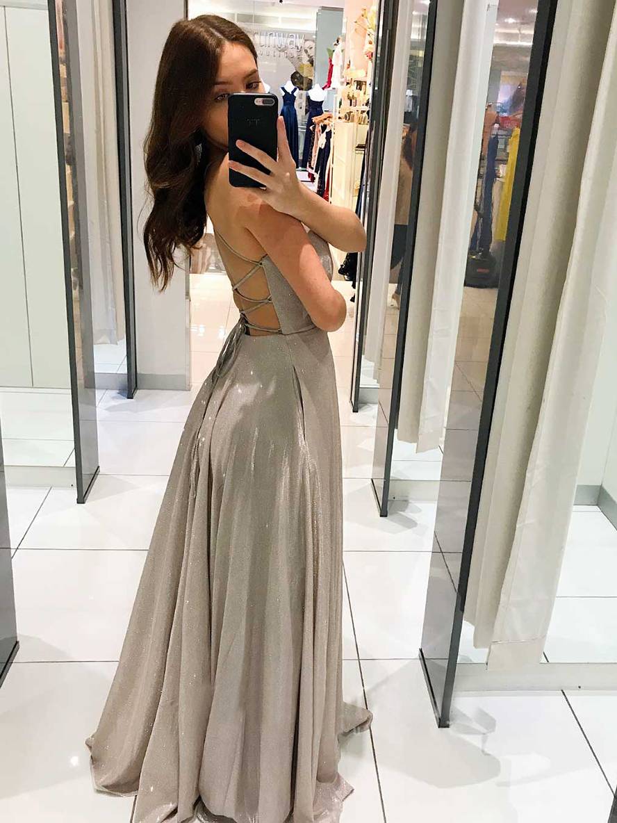 Drune | Lange Robe Glänzend Pailletten Tiefer Ausschnitt Fließend Rückenfrei mit Dünnen Trägern Damen Abendkleid