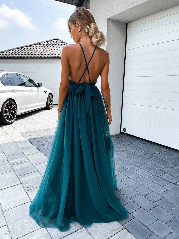 Drune | Langes Kleid mit Spitze Tüll V-Ausschnitt Kreuz Rücken Flüssig Ohne Ärmel Damen Elegant Abend Strand