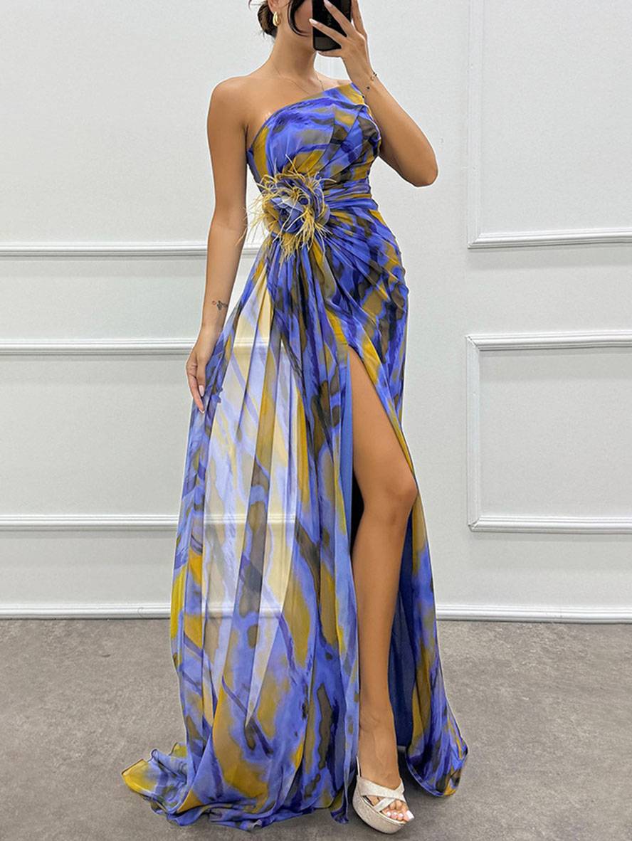 Drune | Lange Kleid mit Blumenmuster aus Chiffon Seitlicher Schlitz Ein Schulterfrei Ohne Ärmel Elegante Abendkleid Damen