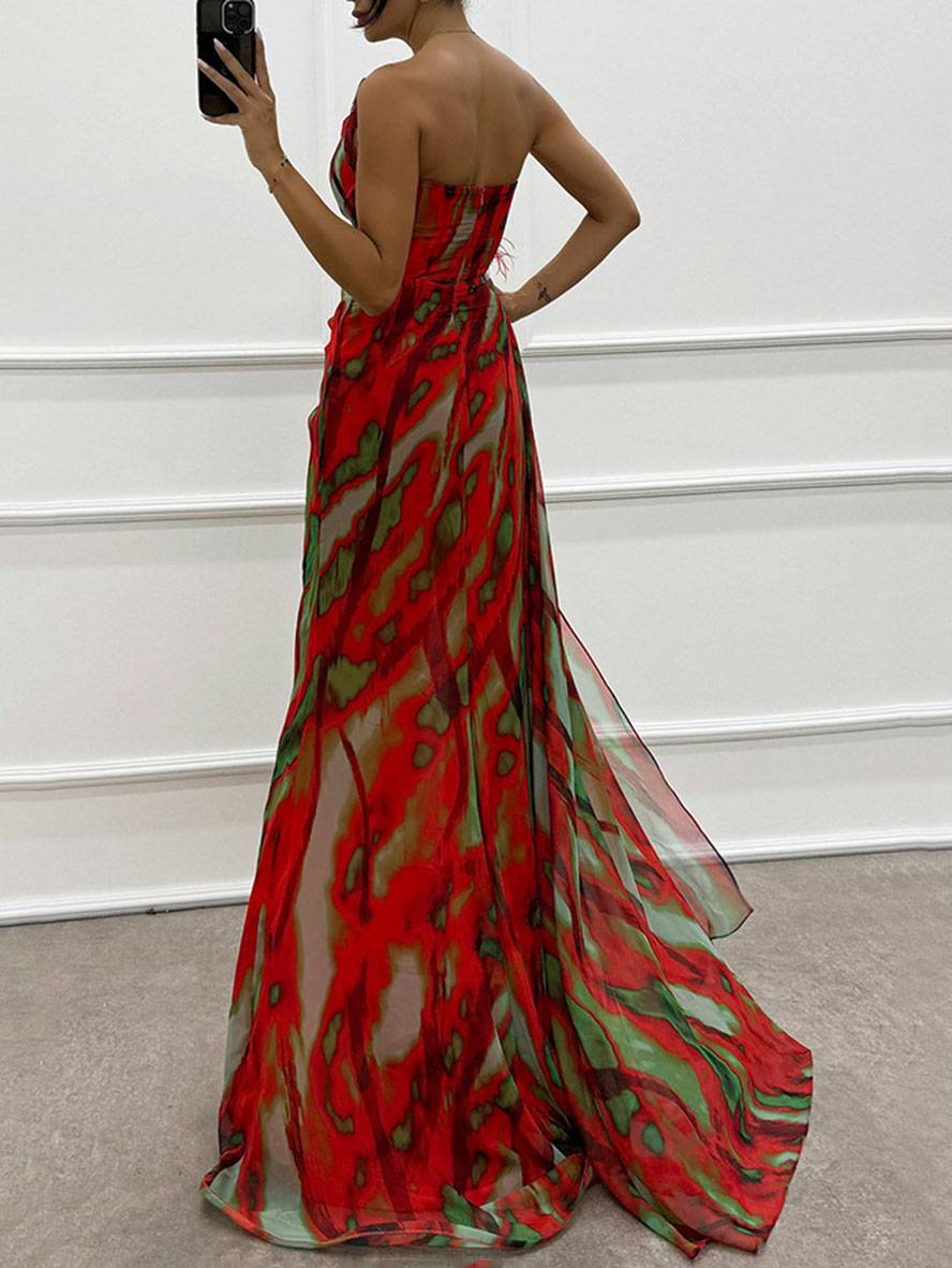 Drune | Lange Kleid mit Blumenmuster aus Chiffon Seitlicher Schlitz Ein Schulterfrei Ohne Ärmel Elegante Abendkleid Damen