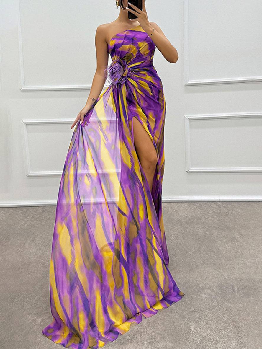 Drune | Lange Kleid mit Blumenmuster aus Chiffon Seitlicher Schlitz Ein Schulterfrei Ohne Ärmel Elegante Abendkleid Damen