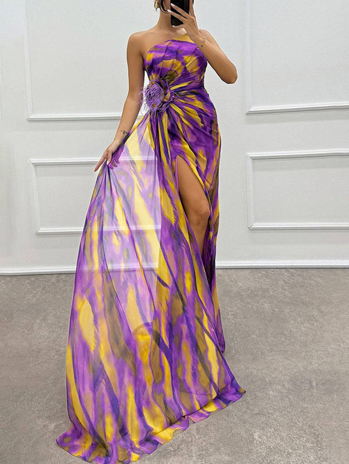 Drune | Lange Kleid mit Blumenmuster aus Chiffon Seitlicher Schlitz Ein Schulterfrei Ohne Ärmel Elegante Abendkleid Damen