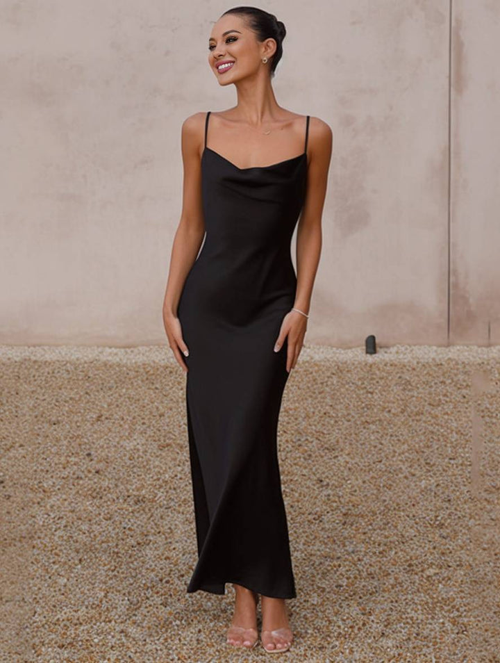 Drune | Kleid Brautjungfer Satin Enganliegend Rückenfrei mit Feinen Trägern Elegante Damen Abendgesellschaft Hochzeitsgast