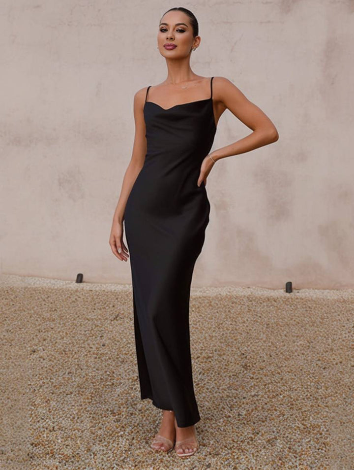 Drune | Kleid Brautjungfer Satin Enganliegend Rückenfrei mit Feinen Trägern Elegante Damen Abendgesellschaft Hochzeitsgast