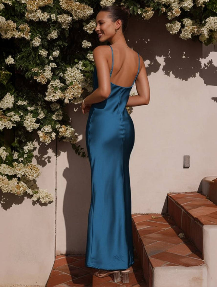 Drune | Kleid Brautjungfer Satin Enganliegend Rückenfrei mit Feinen Trägern Elegante Damen Abendgesellschaft Hochzeitsgast