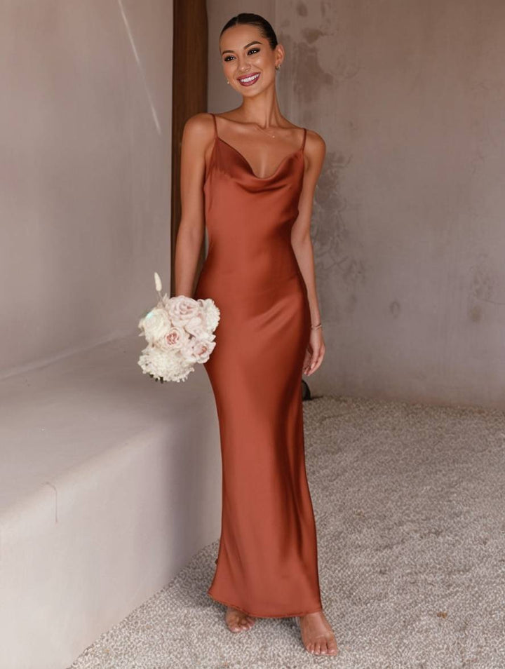 Drune | Kleid Brautjungfer Satin Enganliegend Rückenfrei mit Feinen Trägern Elegante Damen Abendgesellschaft Hochzeitsgast