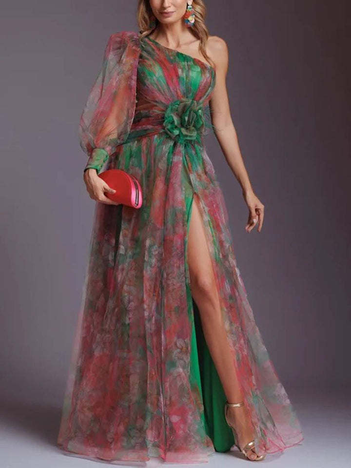Drune | Lange Kleid Gemustert mit Blumen Chiffon Tüll Geschnitten An Der Seite Eine Schulter Frauen Elegant Lässig Von Abend