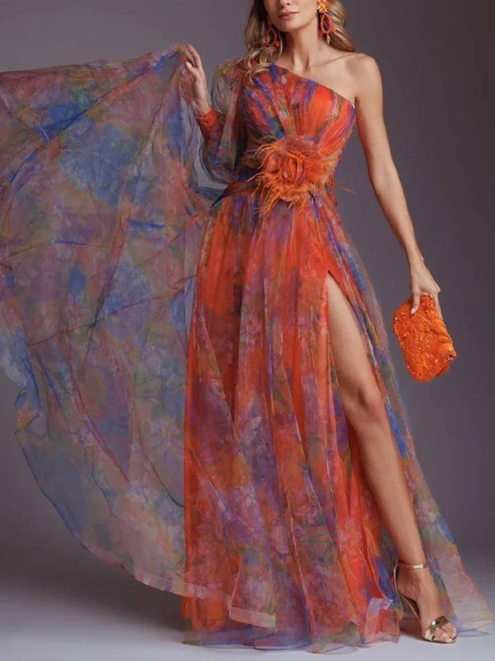 Drune | Lange Kleid Gemustert mit Blumen Chiffon Tüll Geschnitten An Der Seite Eine Schulter Frauen Elegant Lässig Von Abend