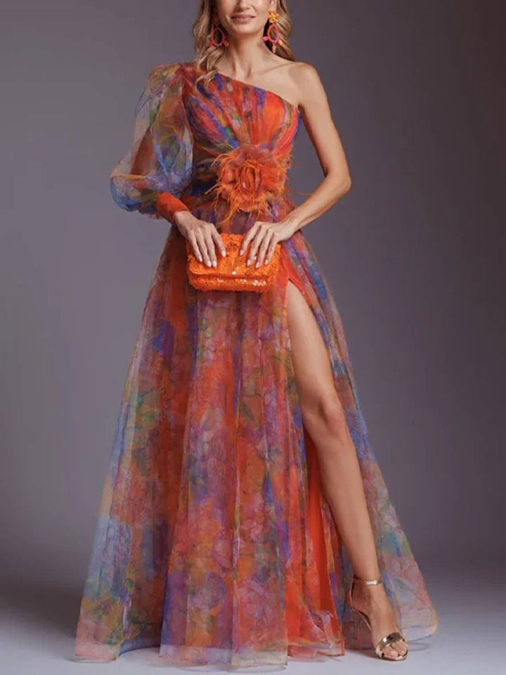 Drune | Lange Kleid Gemustert mit Blumen Chiffon Tüll Geschnitten An Der Seite Eine Schulter Frauen Elegant Lässig Von Abend
