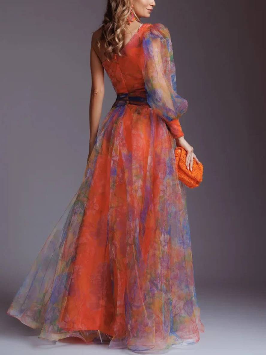 Drune | Lange Kleid Gemustert mit Blumen Chiffon Tüll Geschnitten An Der Seite Eine Schulter Frauen Elegant Lässig Von Abend