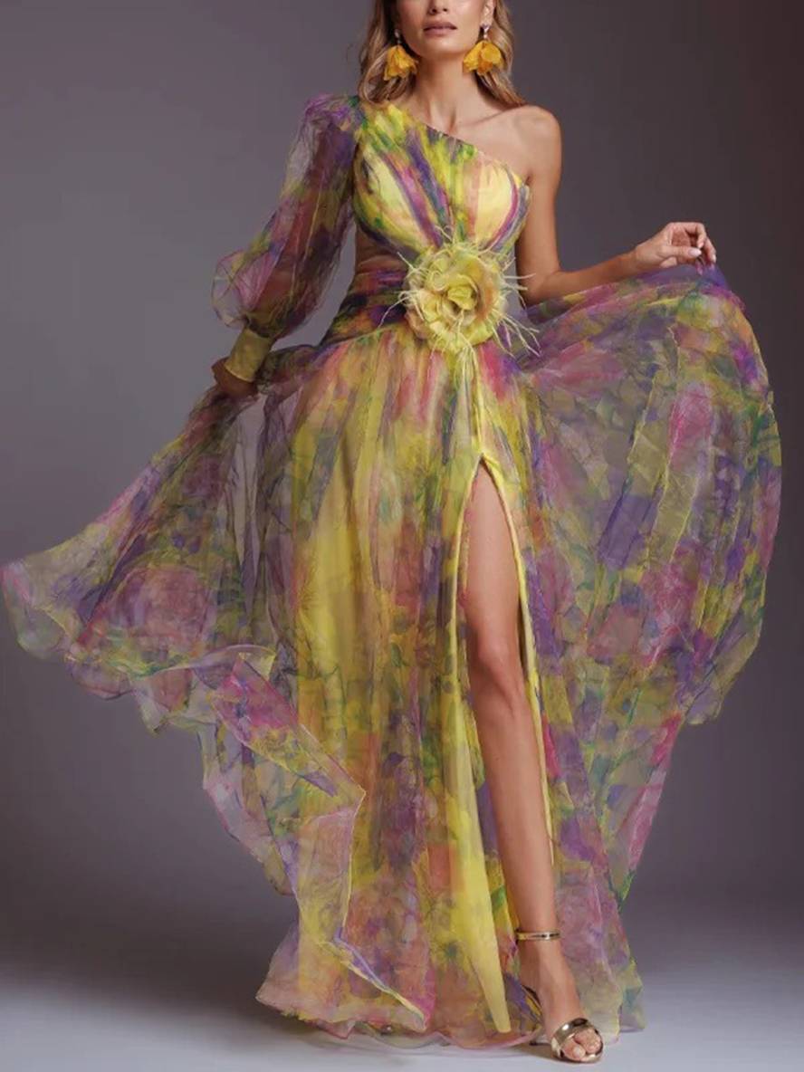 Drune | Lange Kleid Gemustert mit Blumen Chiffon Tüll Geschnitten An Der Seite Eine Schulter Frauen Elegant Lässig Von Abend