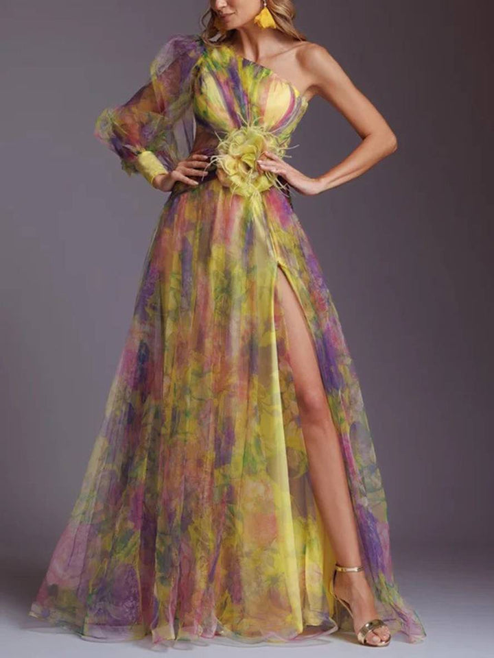 Drune | Lange Kleid Gemustert mit Blumen Chiffon Tüll Geschnitten An Der Seite Eine Schulter Frauen Elegant Lässig Von Abend