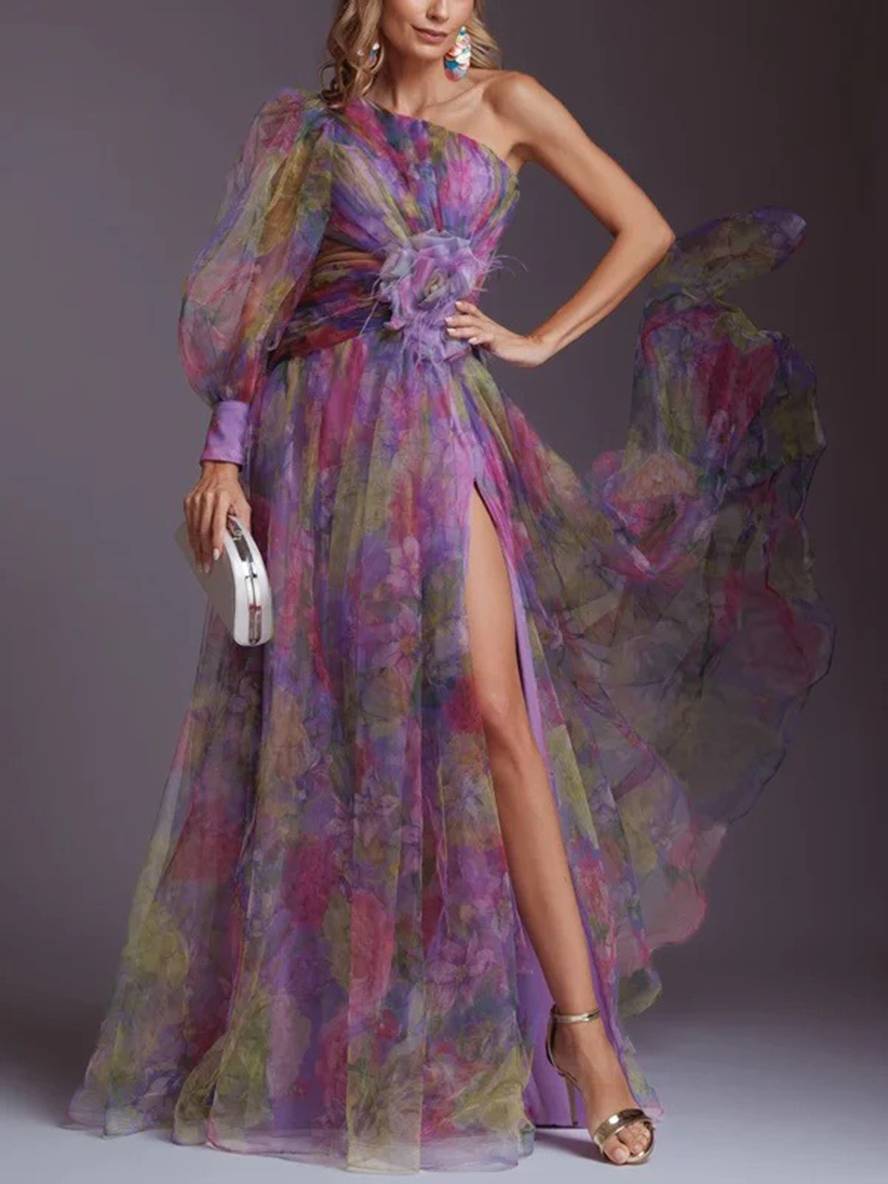 Drune | Lange Kleid Gemustert mit Blumen Chiffon Tüll Geschnitten An Der Seite Eine Schulter Frauen Elegant Lässig Von Abend