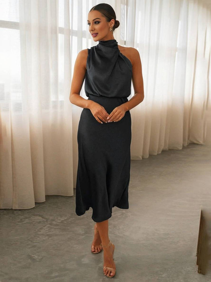 Drune | Lange Satin Brautjungfernkleid Unregelmäßiger Rollkragen Halsband Ärmless Elegant Abendkleid für Hochzeit