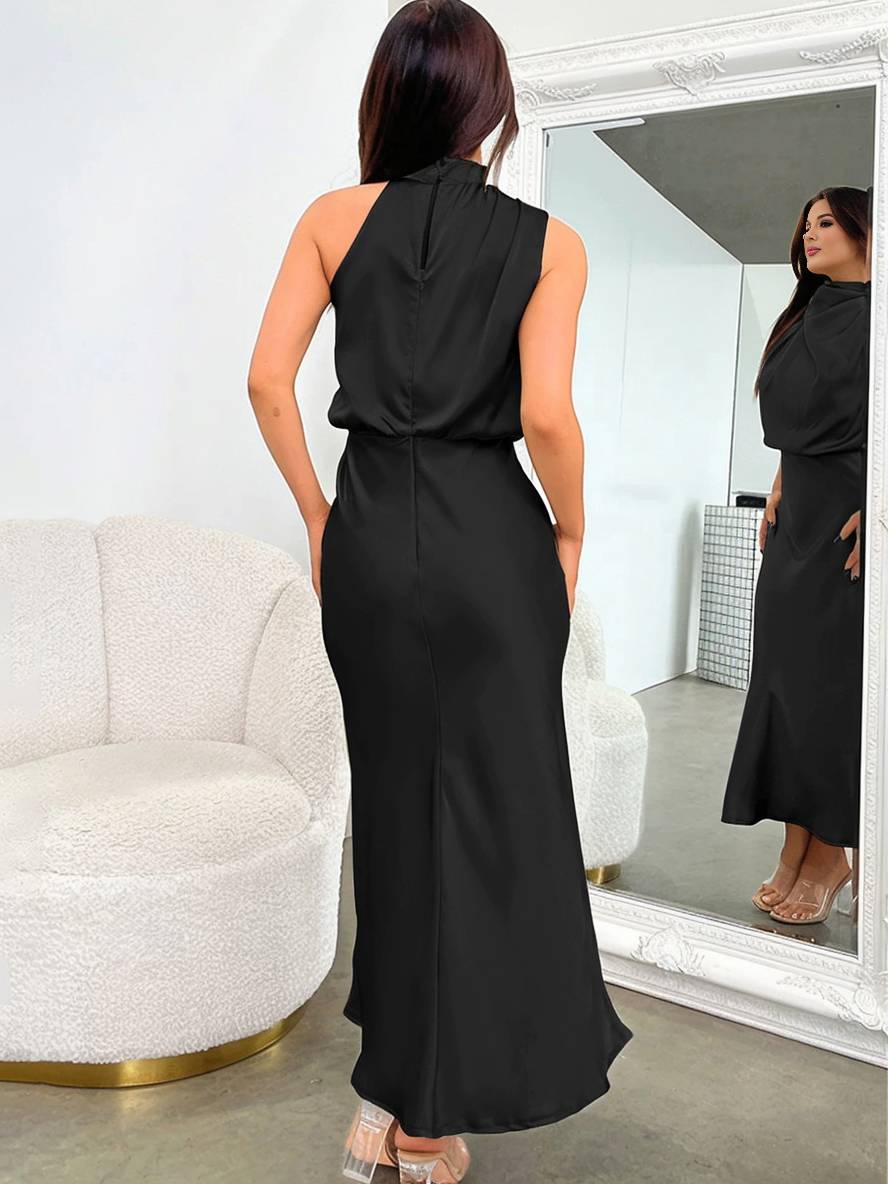Drune | Lange Satin Brautjungfernkleid Unregelmäßiger Rollkragen Halsband Ärmless Elegant Abendkleid für Hochzeit