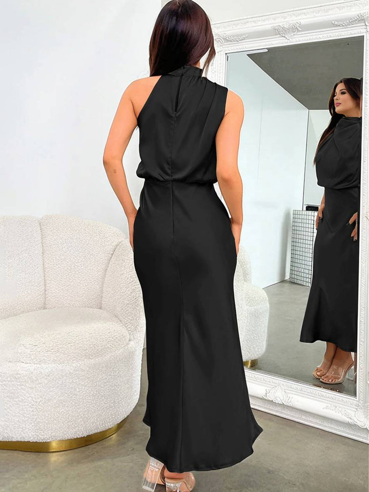 Drune | Lange Satin Brautjungfernkleid Unregelmäßiger Rollkragen Halsband Ärmless Elegant Abendkleid für Hochzeit