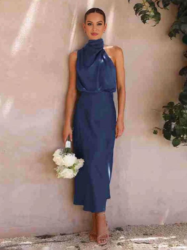 Drune | Lange Satin Brautjungfernkleid Unregelmäßiger Rollkragen Halsband Ärmless Elegant Abendkleid für Hochzeit