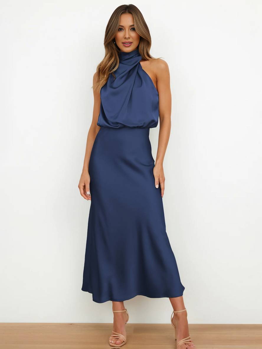 Drune | Lange Satin Brautjungfernkleid Unregelmäßiger Rollkragen Halsband Ärmless Elegant Abendkleid für Hochzeit