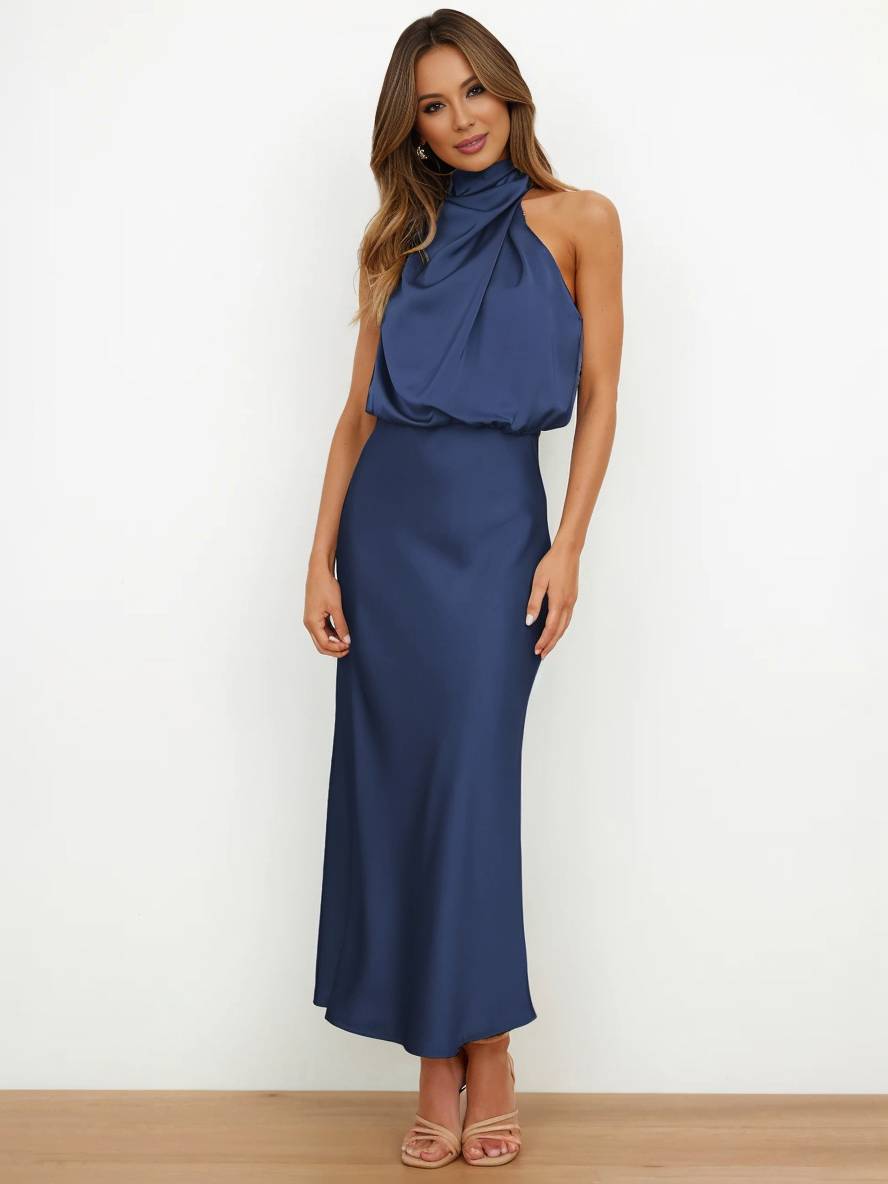 Drune | Lange Satin Brautjungfernkleid Unregelmäßiger Rollkragen Halsband Ärmless Elegant Abendkleid für Hochzeit