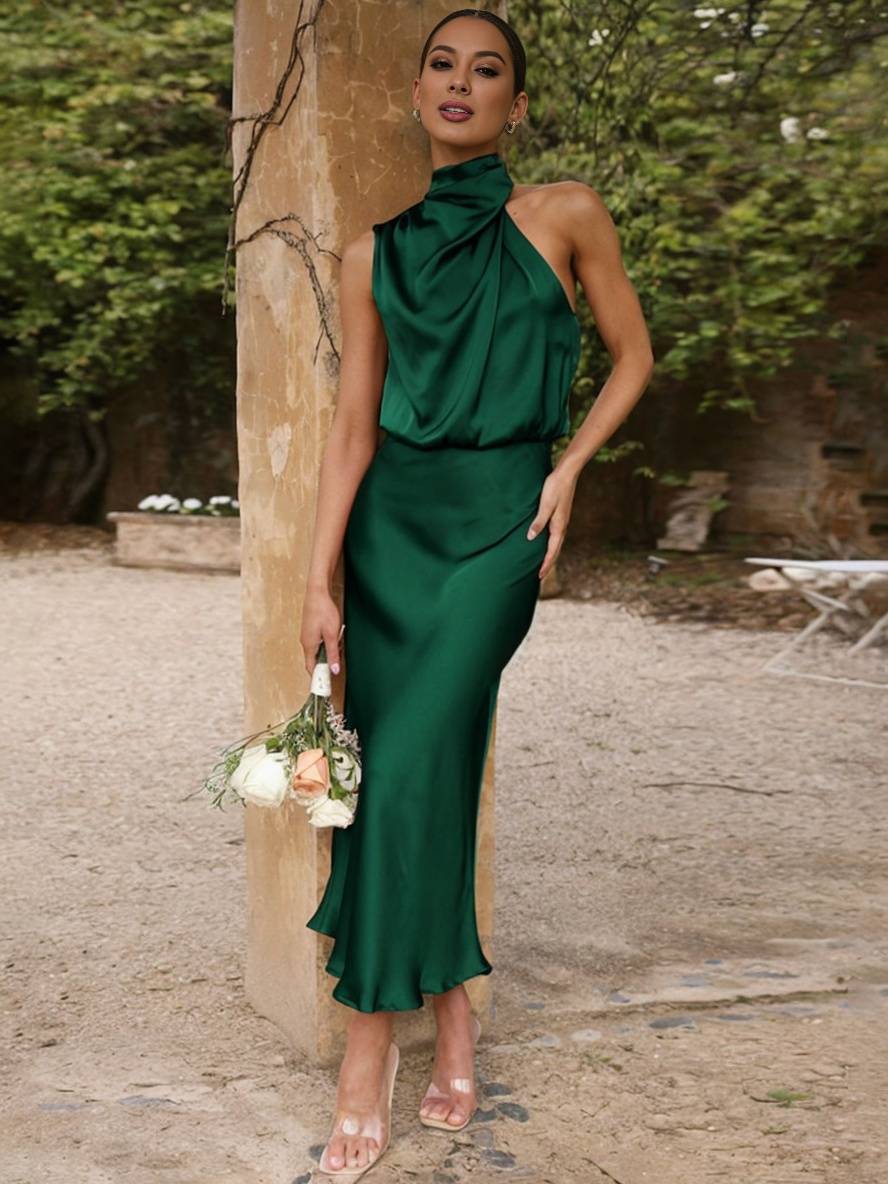 Drune | Lange Satin Brautjungfernkleid Unregelmäßiger Rollkragen Halsband Ärmless Elegant Abendkleid für Hochzeit