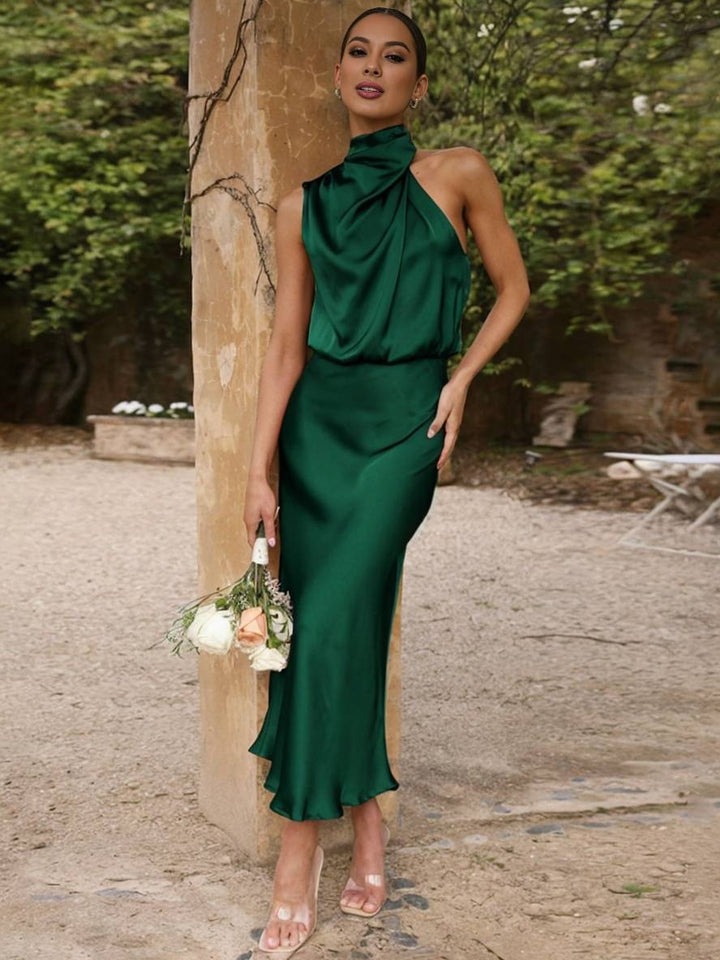 Drune | Lange Satin Brautjungfernkleid Unregelmäßiger Rollkragen Halsband Ärmless Elegant Abendkleid für Hochzeit