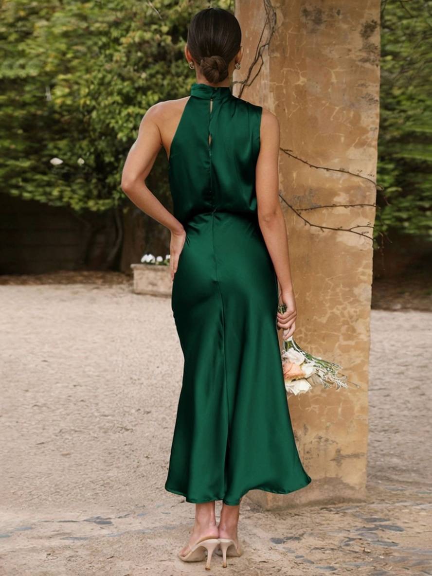 Drune | Lange Satin Brautjungfernkleid Unregelmäßiger Rollkragen Halsband Ärmless Elegant Abendkleid für Hochzeit