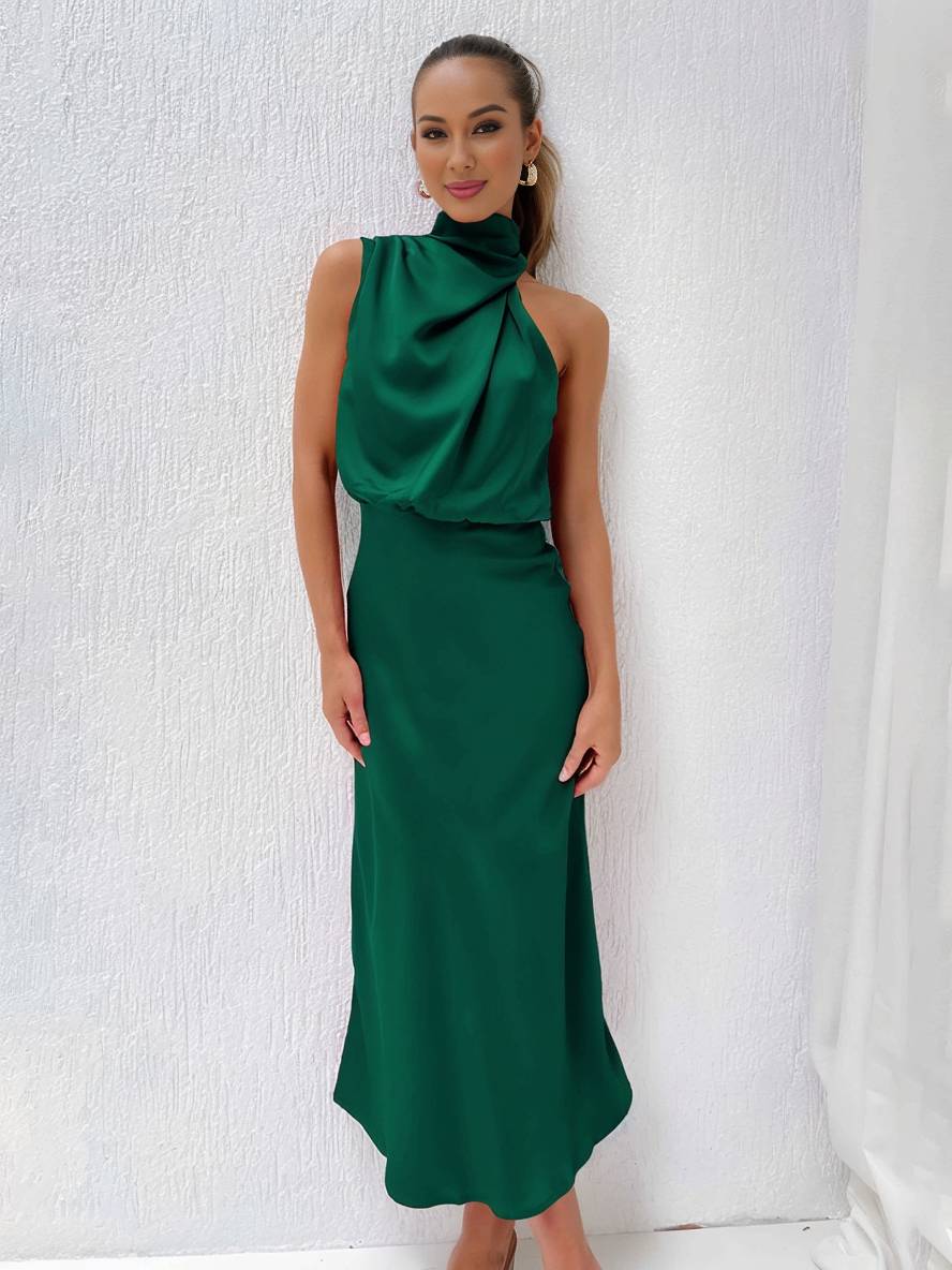 Drune | Lange Satin Brautjungfernkleid Unregelmäßiger Rollkragen Halsband Ärmless Elegant Abendkleid für Hochzeit