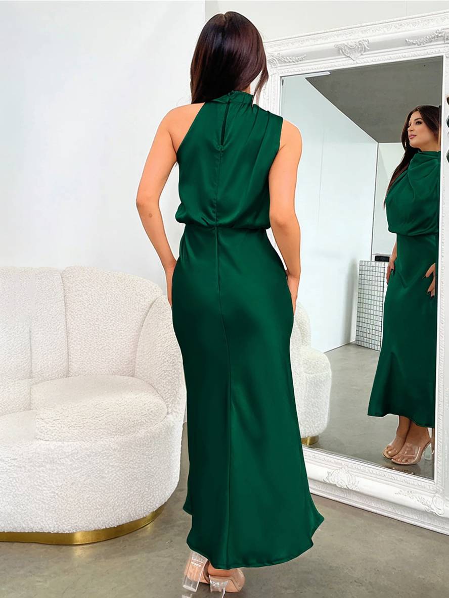 Drune | Lange Satin Brautjungfernkleid Unregelmäßiger Rollkragen Halsband Ärmless Elegant Abendkleid für Hochzeit