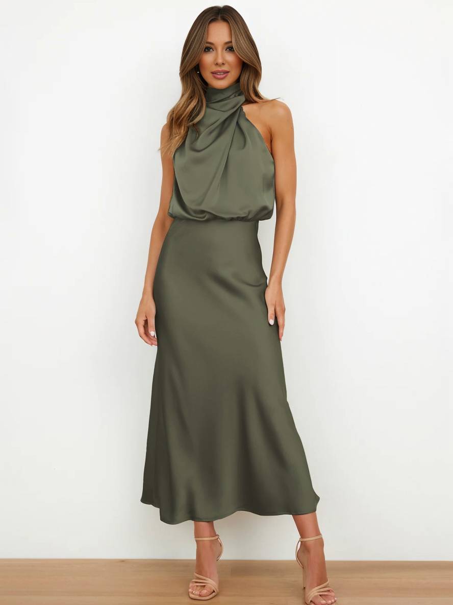 Drune | Lange Satin Brautjungfernkleid Unregelmäßiger Rollkragen Halsband Ärmless Elegant Abendkleid für Hochzeit