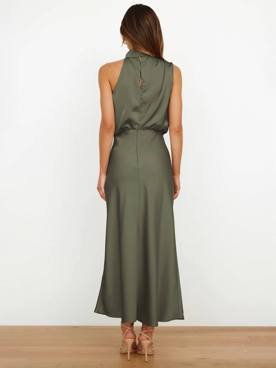 Drune | Lange Satin Brautjungfernkleid Unregelmäßiger Rollkragen Halsband Ärmless Elegant Abendkleid für Hochzeit
