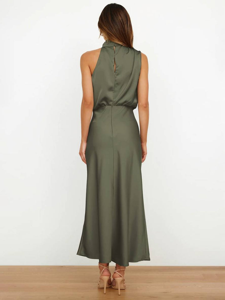 Drune | Lange Satin Brautjungfernkleid Unregelmäßiger Rollkragen Halsband Ärmless Elegant Abendkleid für Hochzeit