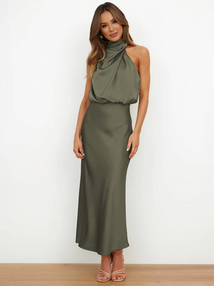 Drune | Lange Satin Brautjungfernkleid Unregelmäßiger Rollkragen Halsband Ärmless Elegant Abendkleid für Hochzeit